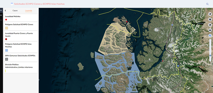 El Gobierno Regional de Aysén proporciona un Visor Territorial con datos sobre las solicitudes de ECMPO en Cisnes e Islas Huichas