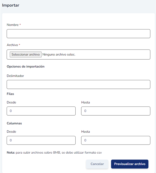 Formulario para importar un nuevo conjunto de datos