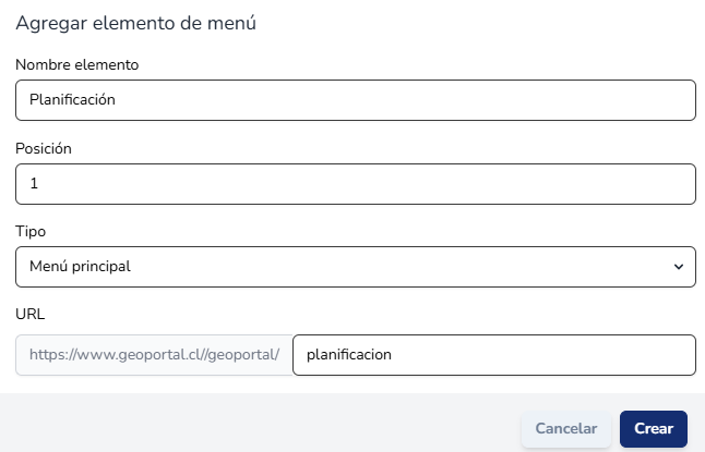 Configuración de un elemento de tipo Menú principal